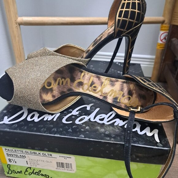 Sam Edelman Paulette Heel Gold Black Peep Toe Pump - Picture 4 of 6